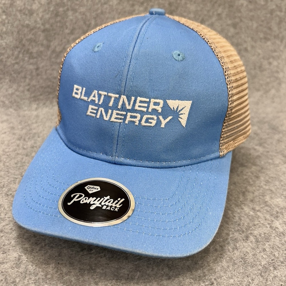 Blattner Energy Ladies Fit Ponytail Back Trucker Cap Blue Tan Mesh Adjustable